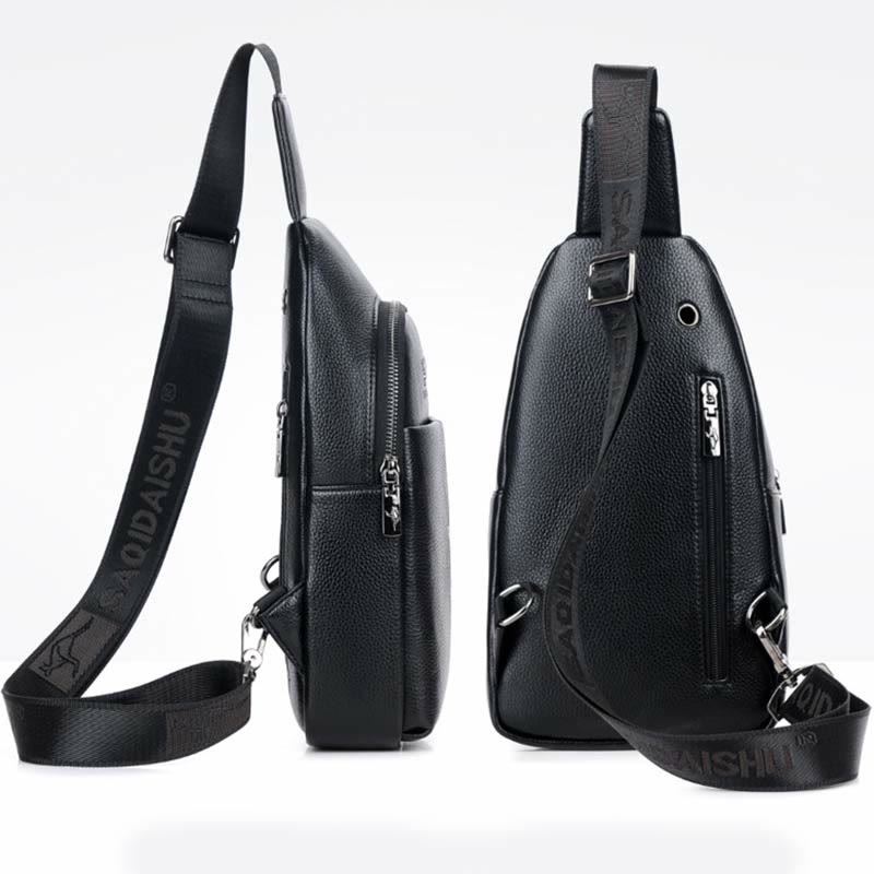 Men's Leather Sling Bag One Shoulder Backpack with USB Charging Port