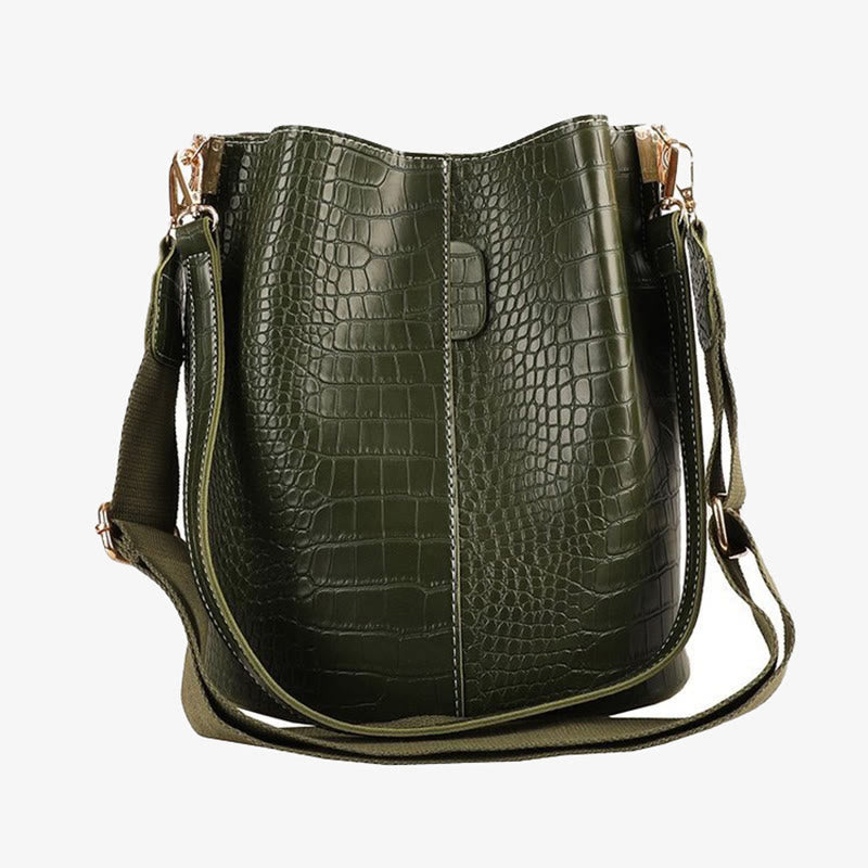 <Shipped within 24 hours> Crocodile Print Leather Shoulder Bucket Bag