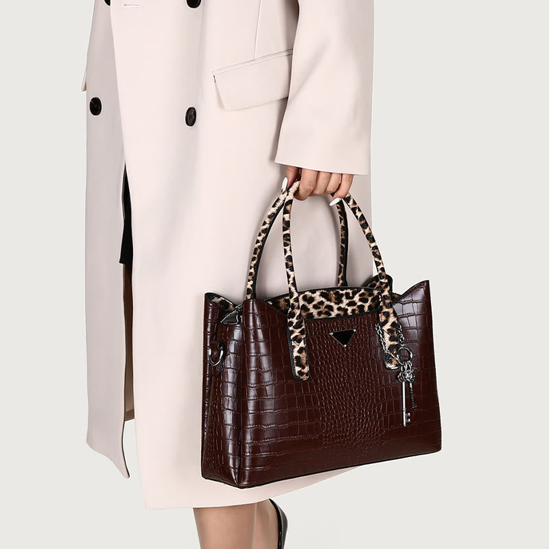 <Shipped within 24 hours> 3 Piece Crocodile Leopard Grain Leather Tote Set