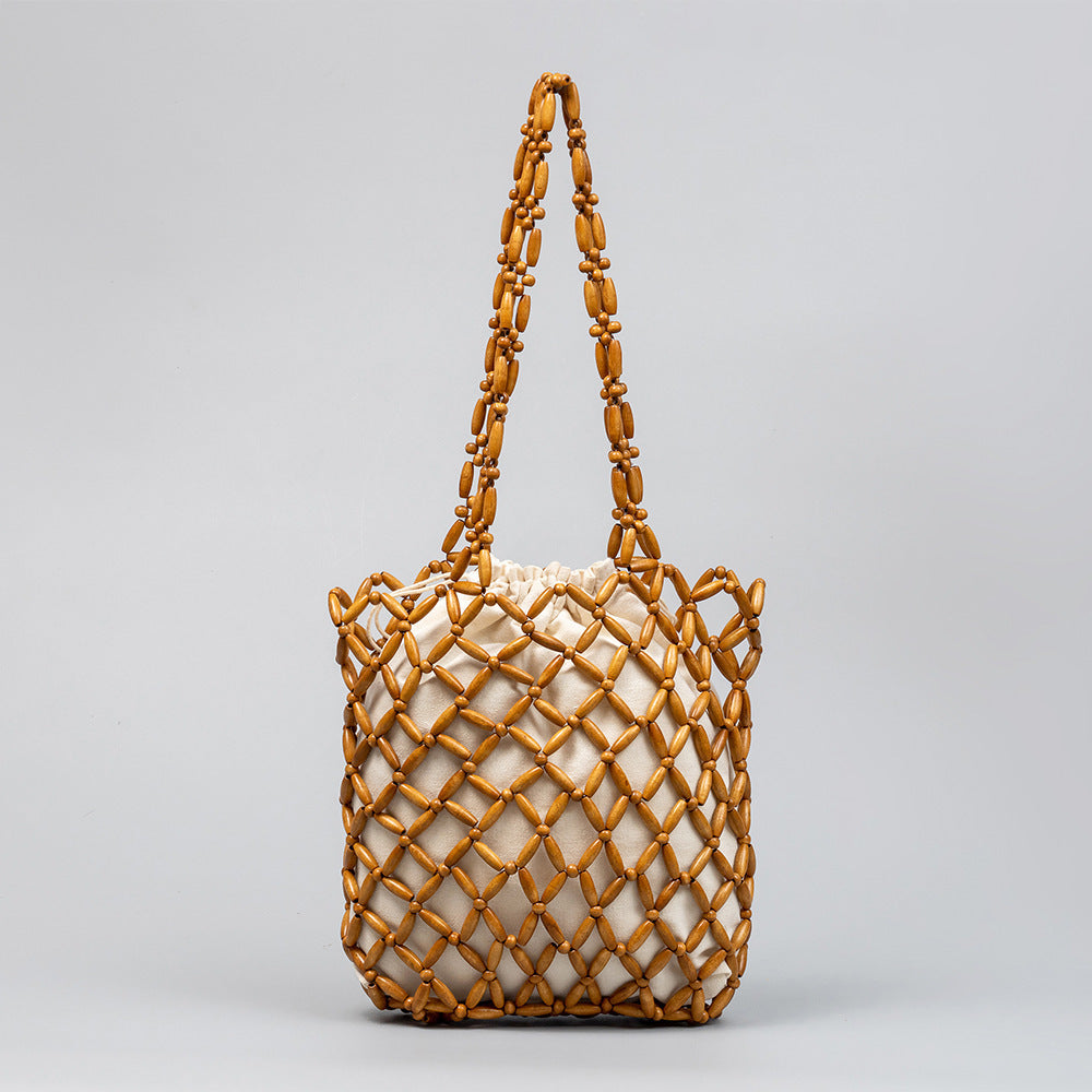 Wooden Bead Tote With Woven Lining Shoulder Bag For Women