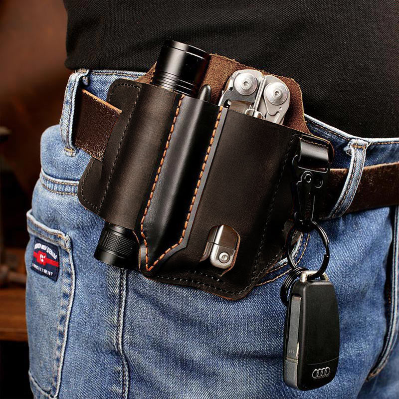 Leather Multitool Sheath for Belt EDC Belt Organizer with Key Holder