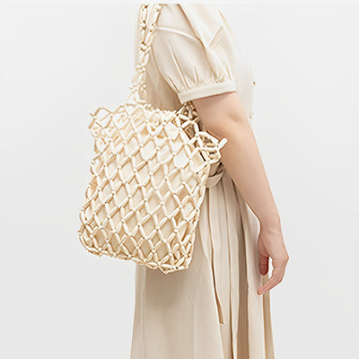 Wooden Bead Tote With Woven Lining Shoulder Bag For Women