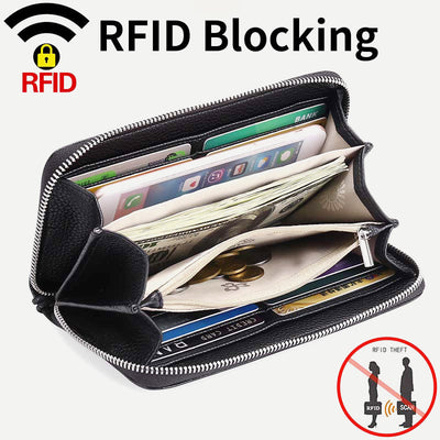 RFID Blocking Women Wallet Genuine Leather Zip Clutch Wristlet Purse