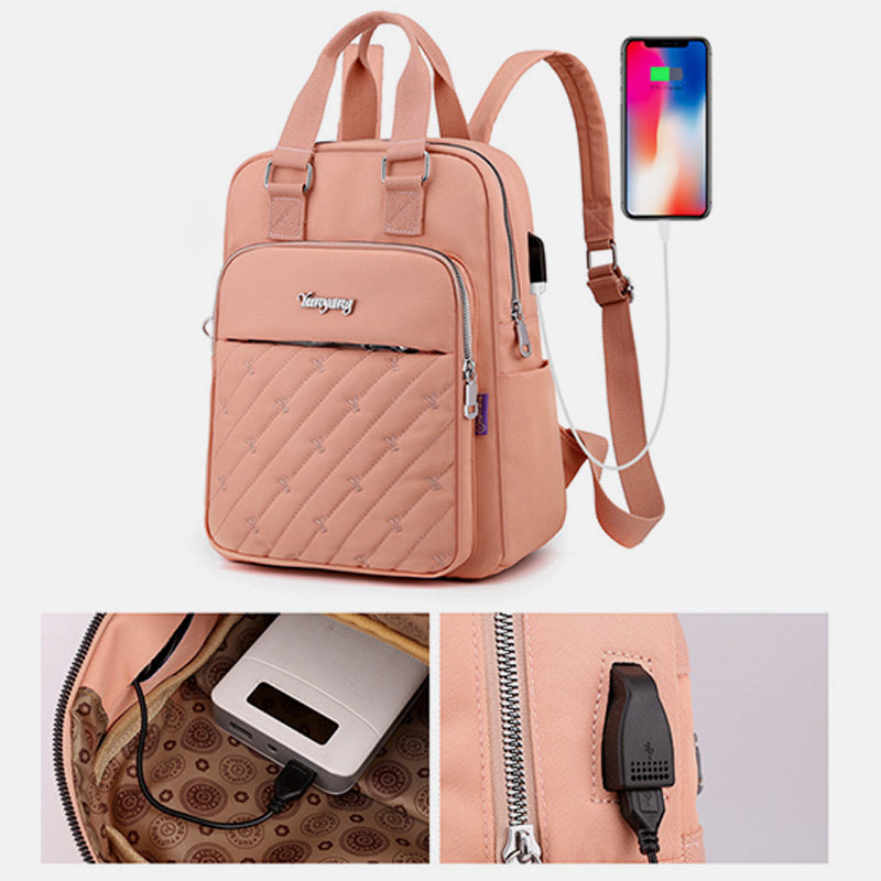 Lightweight Embossing Embroidery Backpack With USB Charging Port