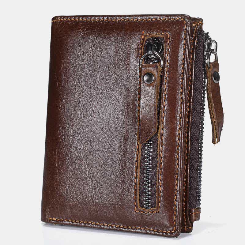 Men's Genuine Leather Bifold Wallet with Card Holder Double Zipper Pocket