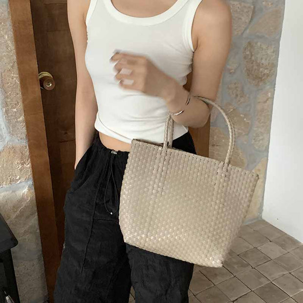 Solid Color Straw Tote For Women Holiday Beach Handbag