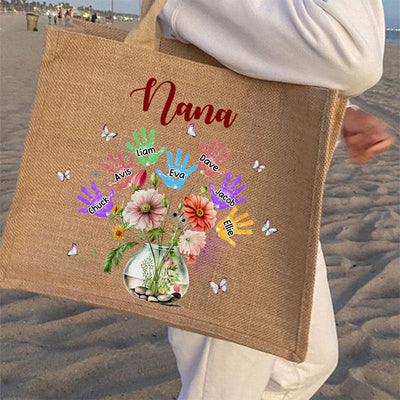 Personalized Handprint Name Jute Tote Bag Large Shopping Travel Beach Handbag