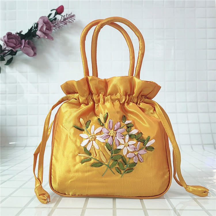 Embroidery Floral Clutch Drawstring Bucket Bag Handbag Party Bag