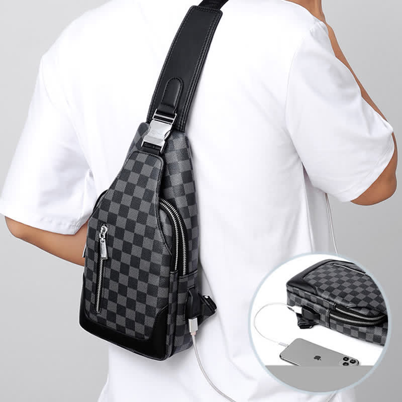 <Shipped within 24 hours> Double Layer PU Leather Sling Bag Plaid Crossbody Bag