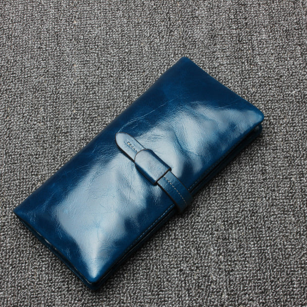 RFID Plain Color Long Wallet Women Oil Wax Leather Purse