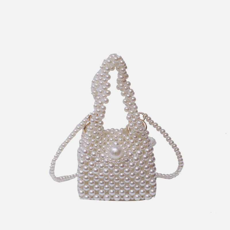 Elegant Pearl Bead Bucket Purse For Women White Mini Handbag