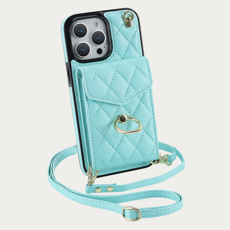 Phone Wallet Case For iPhone 13/14/15 Functional Quilted Crossbody Phone Case