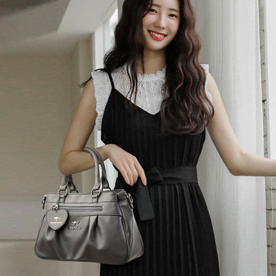 <Shipped within 24 hours> Triple Compartment Top-Handle Satchel PU Leather Purse