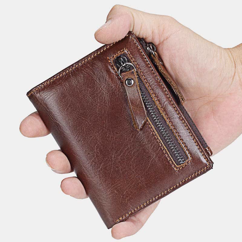 Men's Genuine Leather Bifold Wallet with Card Holder Double Zipper Pocket