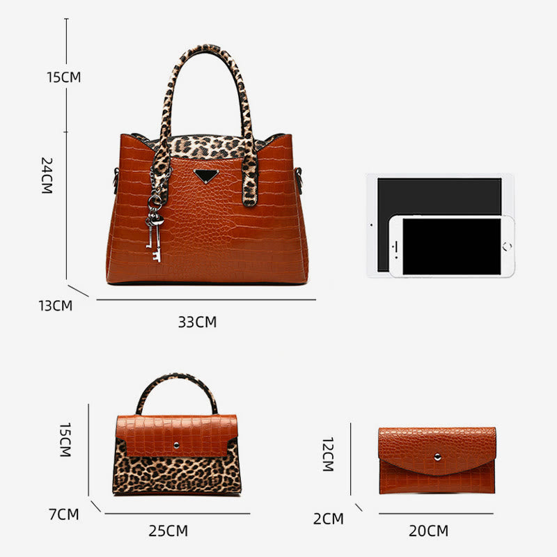 <Shipped within 24 hours> 3 Piece Crocodile Leopard Grain Leather Tote Set