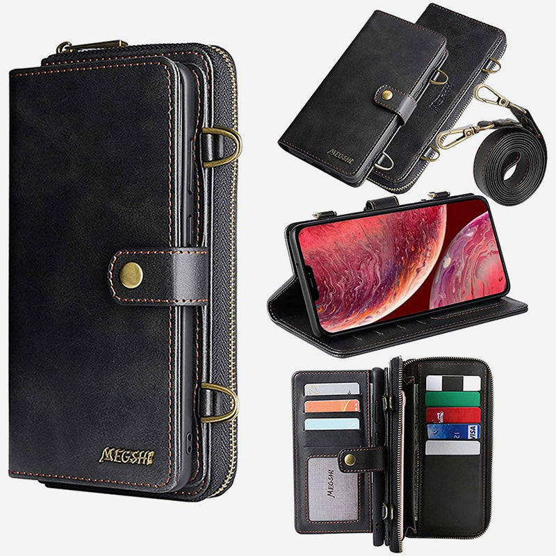 Wallet Case for iPhone Magnetic Detachable Wallet Purse with Crossbody Strap