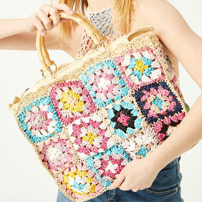 Knitted Floral Patchwork Tote Bamboo Handle Handbag