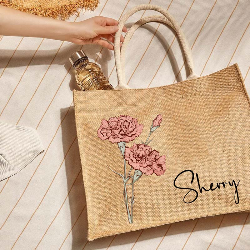 Custom Birth Floral Print Tote Large Shopping Travel Beach Burlap Handbag