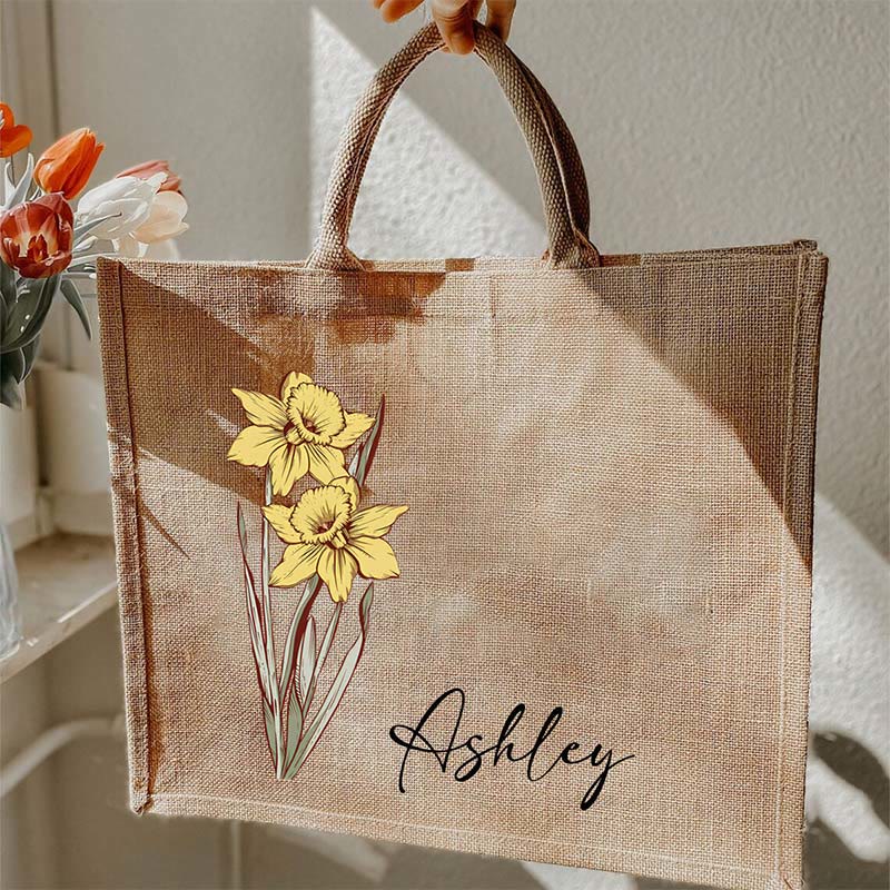 Custom Birth Floral Print Tote Large Shopping Travel Beach Burlap Handbag