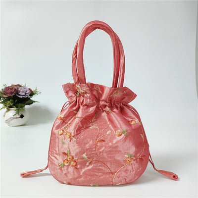 Embroidery Floral Clutch Drawstring Bucket Bag Handbag Party Bag