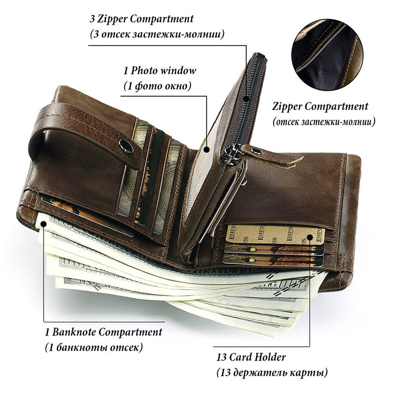 Genuine Leather Retro Men's Wallet Card Holder with Removable Coin Purse