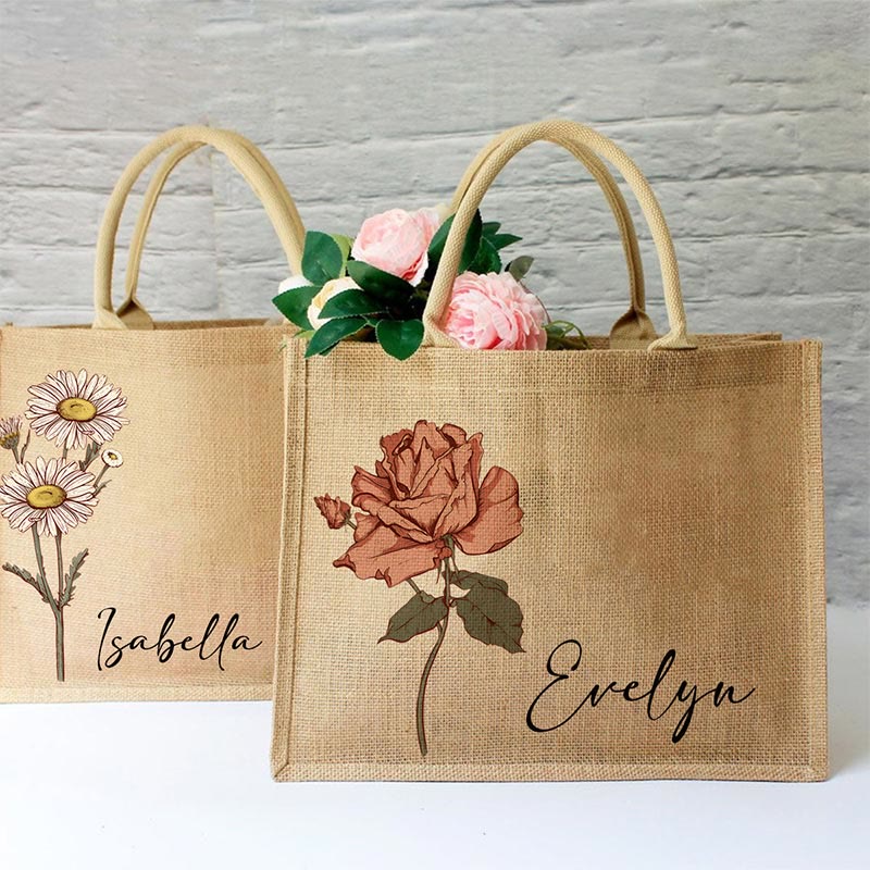 Custom Birth Floral Print Tote Large Shopping Travel Beach Burlap Handbag