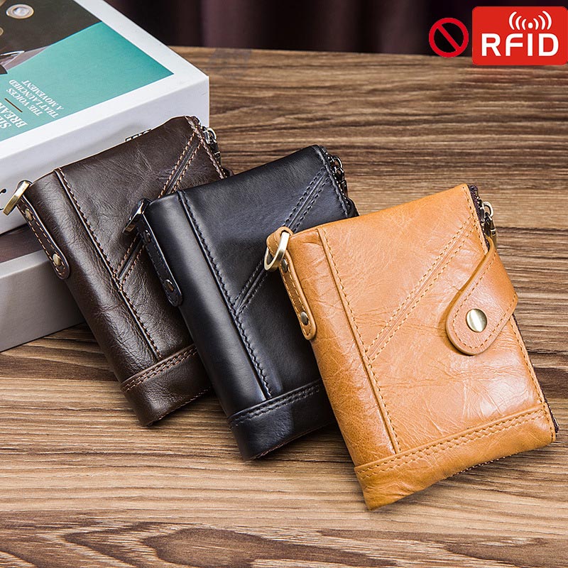 RFID Blocking Double Zip Genuine Leather Retro Wallet