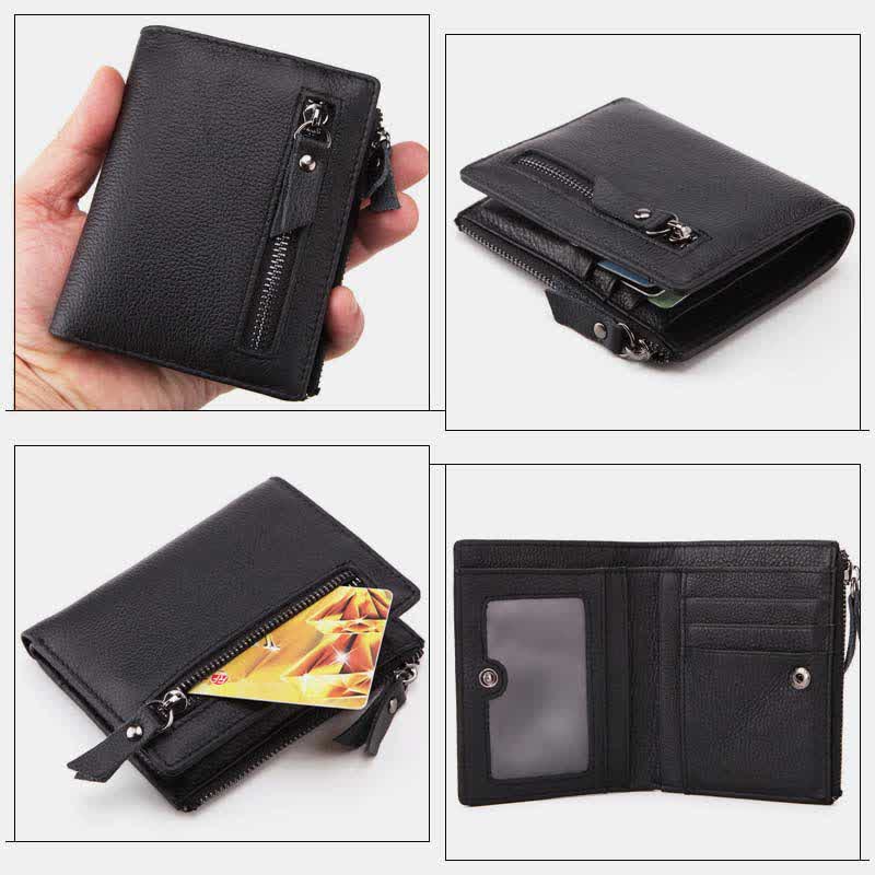 Men's Genuine Leather Bifold Wallet with Card Holder Double Zipper Pocket