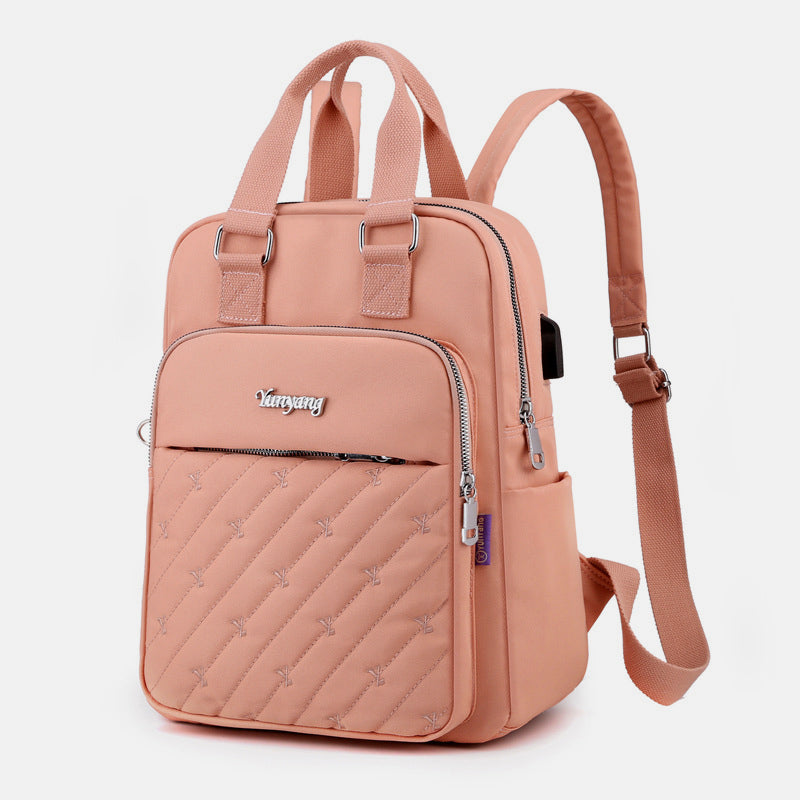 Lightweight Embossing Embroidery Backpack With USB Charging Port