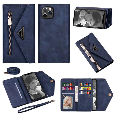 Zipper Leather Wallet Case Phone Cover with Shoulder Strap for iPhone