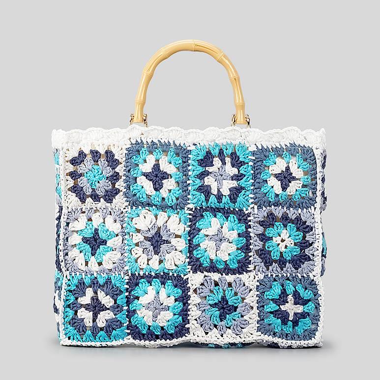 Knitted Floral Patchwork Tote Bamboo Handle Handbag