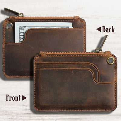 Retro Genuine Leather Small Wallet Zip Coin Purse with Key Chain