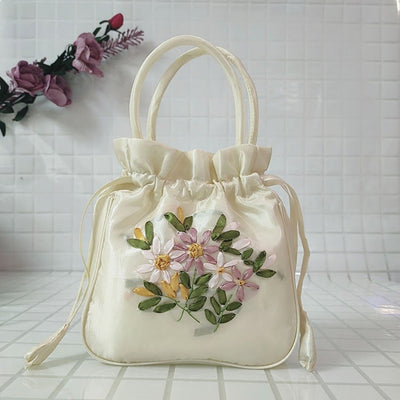 Embroidery Floral Clutch Drawstring Bucket Bag Handbag Party Bag