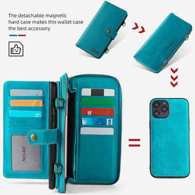 Wallet Case for iPhone Magnetic Detachable Wallet Purse with Crossbody Strap