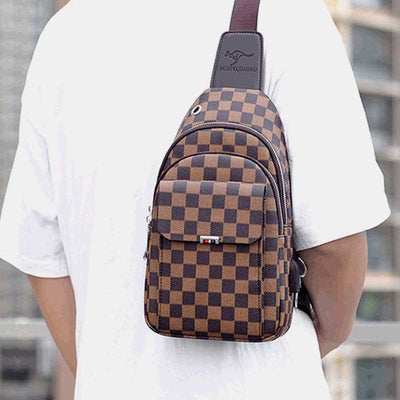 Multipurpose Casual Plaid Leather Sling Bag for Men Crossbody Shoulder Backpack