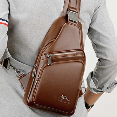 Leather Sling Bag with USB Charging Port Hiking Travel Chest Bag