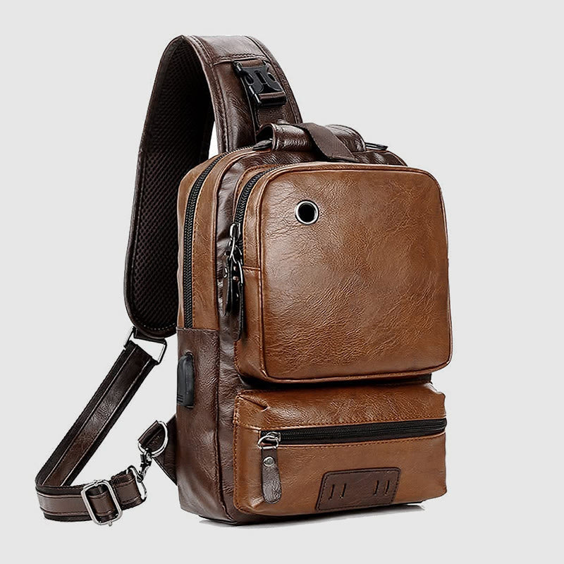 Sling Bag For Men Outdoor Sports PU Leather Crossbody Backpack