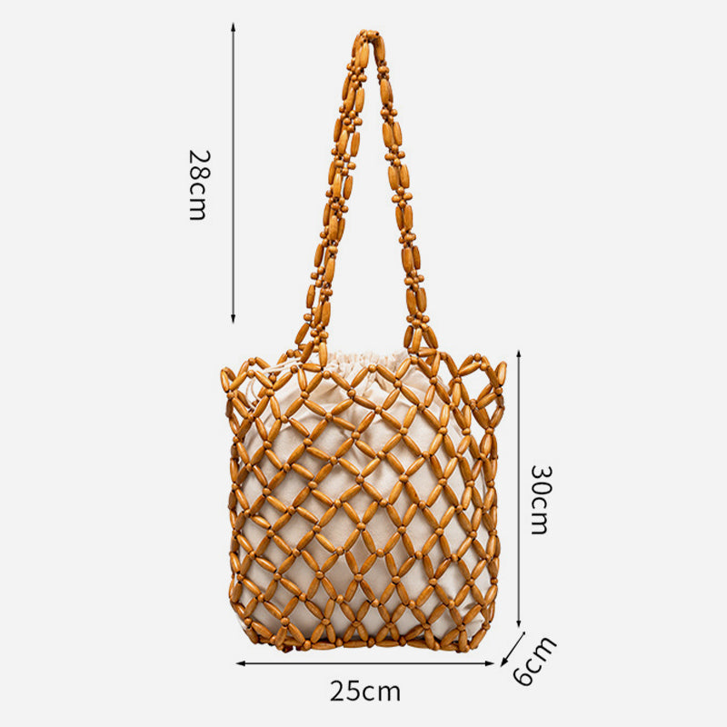 Wooden Bead Tote With Woven Lining Shoulder Bag For Women