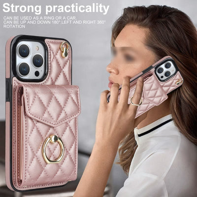 Phone Wallet Case For iPhone 13/14/15 Functional Quilted Crossbody Phone Case