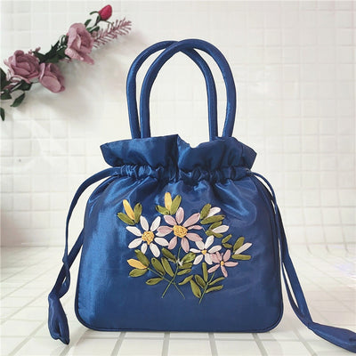 Embroidery Floral Clutch Drawstring Bucket Bag Handbag Party Bag