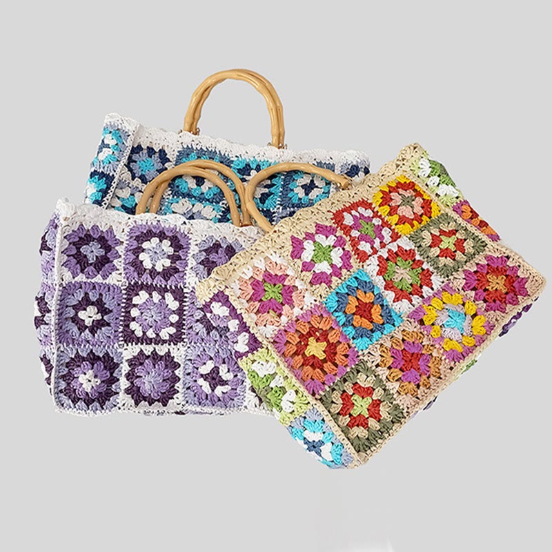 Knitted Floral Patchwork Tote Bamboo Handle Handbag