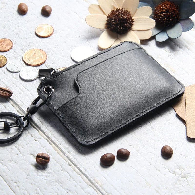 Retro Genuine Leather Small Wallet Zip Coin Purse with Key Chain