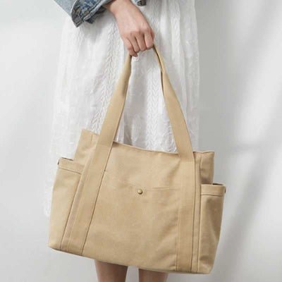 Large Capacity Canvas Shoulder Tote Bag Multiple Pocket Handbag Shopping Bag