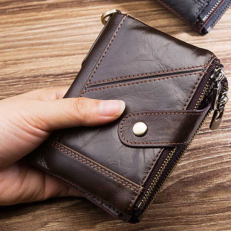 RFID Blocking Double Zip Genuine Leather Retro Wallet