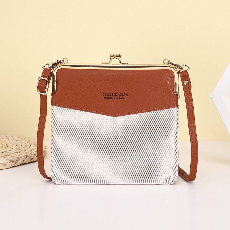 Leather Crossbody Handbag for Women Double Compartment Kiss Lock Shoulder Bag