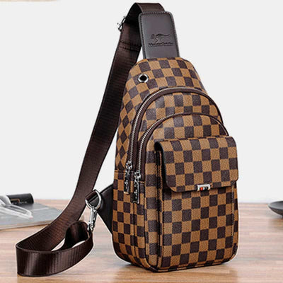 Multipurpose Casual Plaid Leather Sling Bag for Men Crossbody Shoulder Backpack