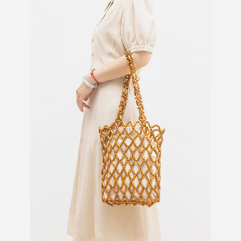 Wooden Bead Tote With Woven Lining Shoulder Bag For Women