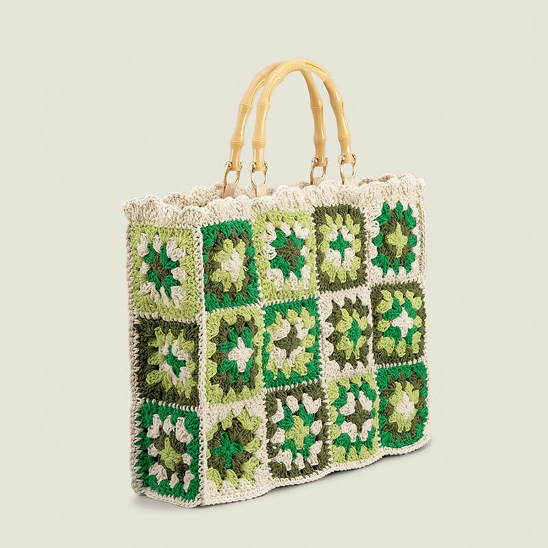 Knitted Floral Patchwork Tote Bamboo Handle Handbag