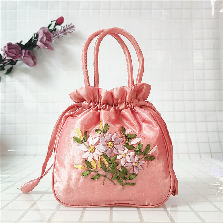 Embroidery Floral Clutch Drawstring Bucket Bag Handbag Party Bag