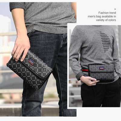 Men Leather Sling Bag Black Plaid Crossbody Bag Chest Shoulder Pack